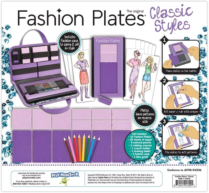 Fashion Plates Classic – Girls Fashion, Mix-and-Match Drawing Kit, Arts and Crafts, Coloring, Art Supplies, Craft Supplies, Stencils, Crayons Included, Create Your Own Designs, Ages 6+