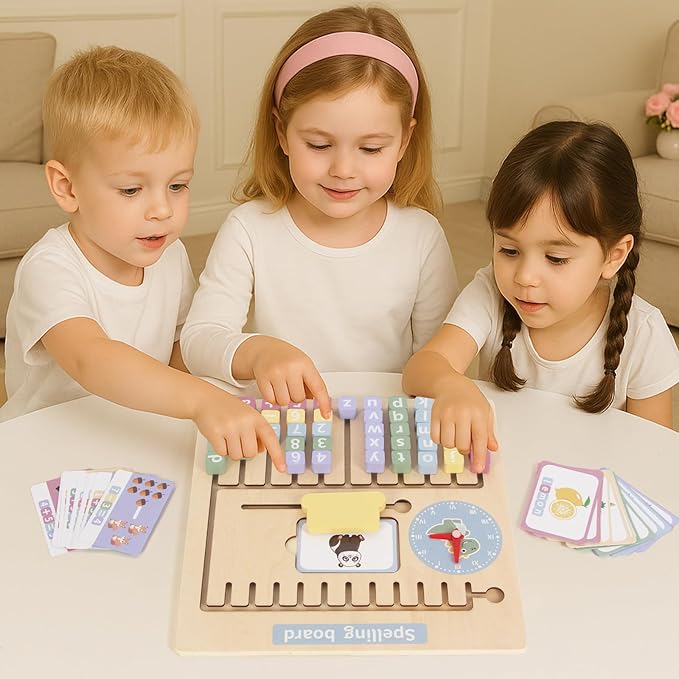 Wooden Spell Learning Games, Montessori Toys for 2 3 4 5 Year Old Kids Match Letter Spelling Game Board & Numbers, CVC Word Builder Toddler Educational Toy Kindergarten Preschool Learning Activities