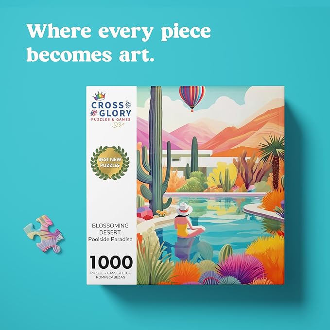 Cross & Glory - Blossoming Desert: Poolside Paradise - 1000 Piece Jigsaw Puzzle for Adults | Vibrant Desert Cactus & Succulent Landscape | 20x27 Inches Satin Finish