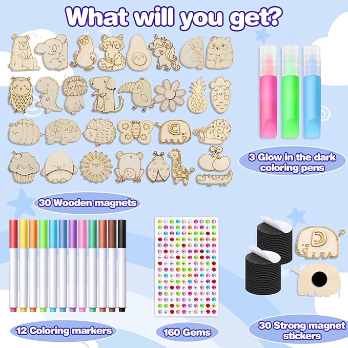 EAPHANT Kids Crafts, 30 PCS Kids Activities Arts and Crafts Painting Kits, Glow in The Dark Wooden Magnets to Paint