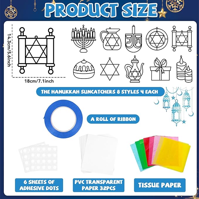QOUBAI 32 Sets Hanukkah Suncatchers Craft Kit DIY Window Stained Glass Effect Chanukkah Paper Crafts for Home School Classroom Decoration Kid Birthday Gift Creative Art Project Activity Game