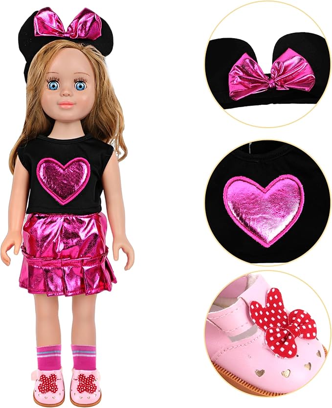 MSYO 18 Inch Doll Clothes & Accessories Set,Black Pink Heart Top & Metallic Pink Skirt Outfit with Mouse Ears Headband,Sunglasses,Socks,Shoes,Necklace,Fits 16-18 Inch Baby Dolls(Rose)