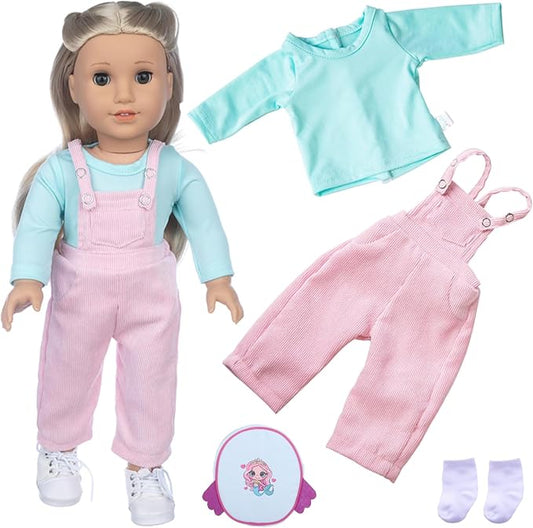 18 Inch Doll Clothes and Accessories, 4 Pcs 18 inch Girl American Doll Clothes Set Include Long Sleeves Pink Overalls Socks and Mermaid Backpack Birthday for Girls (No Doll)