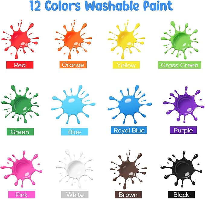 ABEIER Washable Kids Paint, Safe Non-Toxic Finger Paint, 12 Vibrant Colors(2 fl oz) with 3 Paint Brushes, Mess-Free Arts & Crafts Supplies for Toddlers & Grandkids, Ages 3, 4, 5
