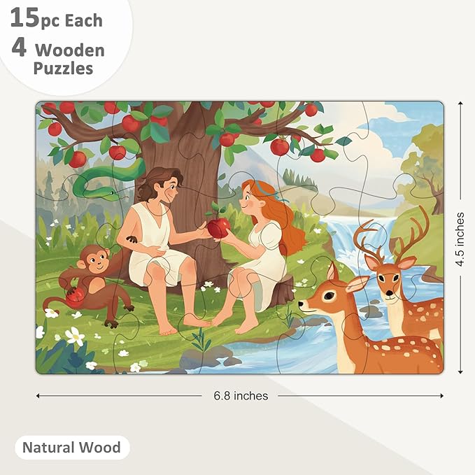 Bible Puzzles for Kids, 4-in-1 Wooden Jigsaw Puzzles in Box 15 Piece Each, Religious Christian Toys for Toddlers, Eden | Tower of Babel | Ten Commandments (Old Testament)