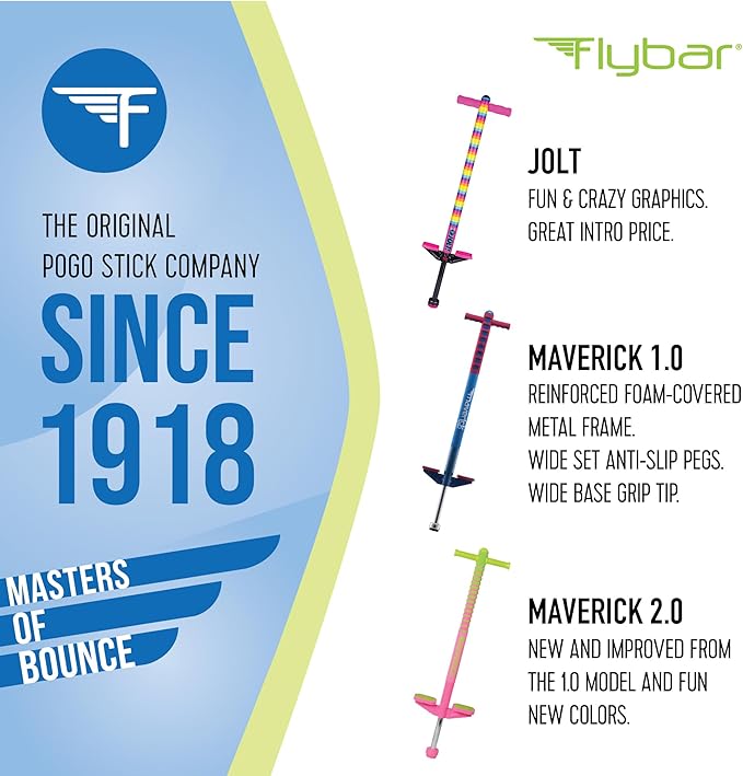 Flybar Maverick 2.0 Foam Pogo Stick for Kids Ages 5 and Up, 40 to 80 Pounds, Outdoor Kids Toys, Pogo Stick for Boys and Girls, Rubber Grip, By The Original Pogo Stick Company (Blue/Green)