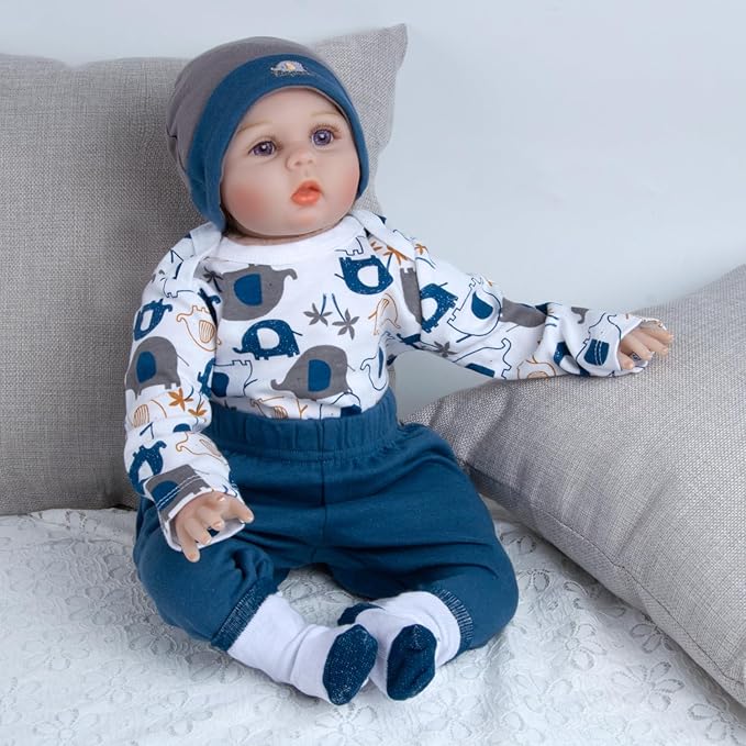 4 Pieces Reborn Baby Doll Clothes Set for 17-22 Inch Baby Boy Dolls Blue Elephant Newborn Dolls Clothes Accessories