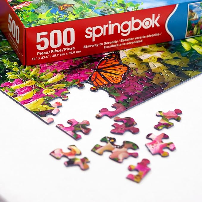 Springbok Stairway to Serenity 500 Piece Jigsaw Puzzle for Adults by Arist Alan Giana - Colorful Garden by The Ocean - Finished Size 23.5" x 18"