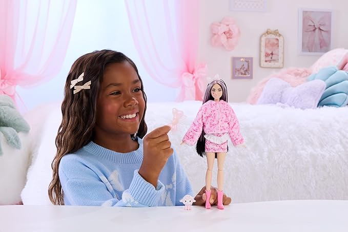 Barbie Cutie Reveal Doll & Accessories, Cuddly Series Lamb with 10 Surprises Including Color Change & Mini Pet