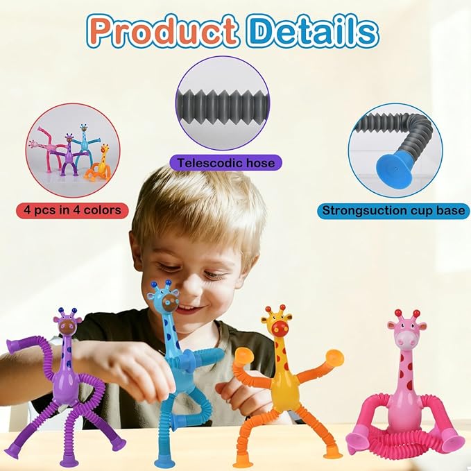 Pop Tubes Fidget Toys, 4-Pack Telescopic Suction Cup Toy for Kids Toddlers, Animal Autism Sensory Toy for Boys Girls, Funny Stocking Stuffers for Christmas Birthday Gift (Giraffe)