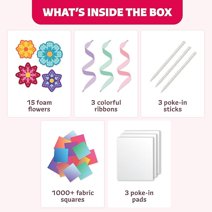 Poke-In Craft Flower Crowns Kit for Kids Ages 4-9 – Mess-Free Poke It Art Set with 15 Foam Flowers & 1000+ Fabric Squares for Girls, Boys & Toddlers –Chidrens Punch Craft & Tufting Kit for 4 Year Old+