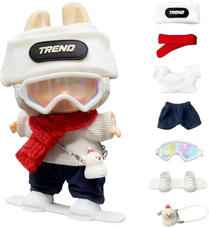 Ski Style for LABUBU Clothes or LABUBU Outfits, Set with Trend Beanie, Red Scarf, Goggles, Snowman Charm & Mini Snowboard – Cute Collectible Dolls Outfits