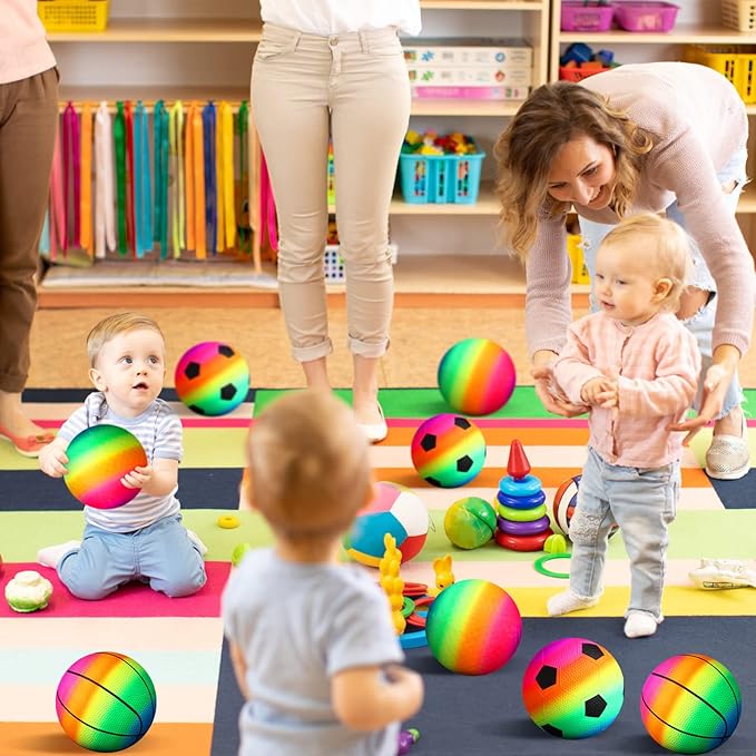Lenwen 15 Pieces Rainbow Playground Sports Balls for Kids with 1 Hand Pump 6 Inch Inflatable Ball Basketball Soccer Kickball Dodgeball for Kids Teenagers Over 6 Indoor Outdoor Schoolyard Ball Games