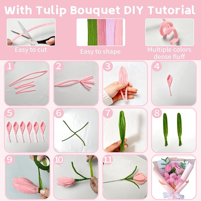 CllyCnny Pipe Cleaners Craft - 400 PCS Chenille Stems Flower DIY Kit Green Pink Pipecleaners Bulk with Stamens Floral Stems Tapes Ribbons Instructions for Tulip Bouquet Making Arts and Crafts Supplies