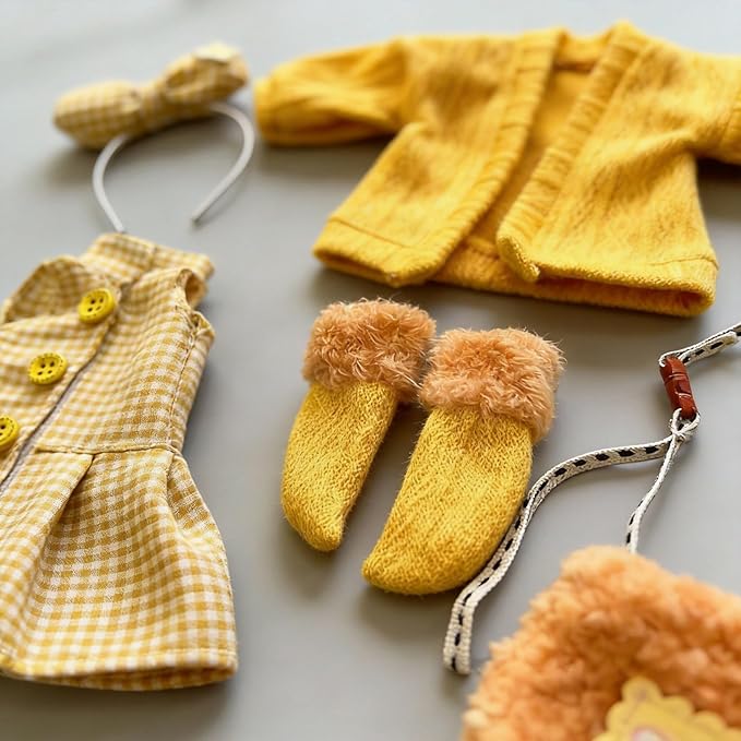 30cm YoSD 1/6 BJD Doll Clothes Set - Yellow Plaid Dress, Knit Cardigan, Bow Headband, Fuzzy Bag & Socks, Doll Accessories