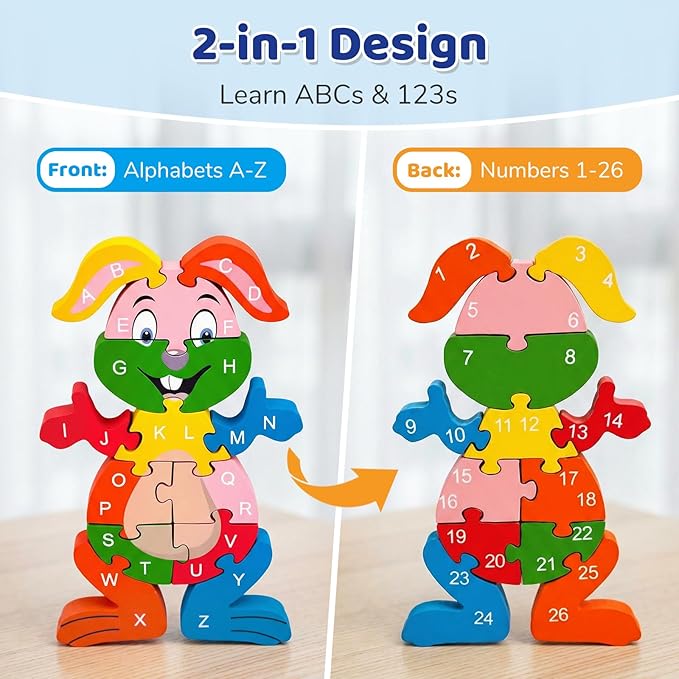 LovesTown Wooden Puzzles for Kids, Double Sided Rabbit Jigsaw with Alphabet & Numbers, Montessori Educational Toy for Toddlers, Chunky Animal Gift