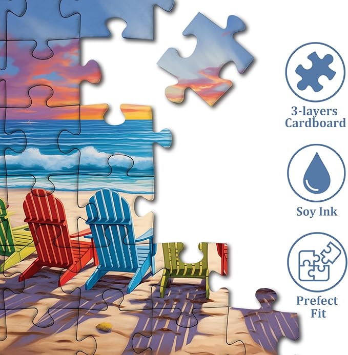 Beach Puzzles for Adults 1000 Pieces and up, PICKFORU Colorful Puzzle Collection Lounge Chair Beach Scene, Summer Puzzle as Home Decor