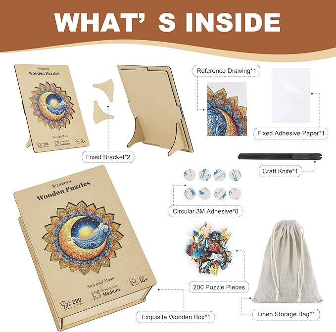 200 Pieces Sun and Moon Wooden Puzzles for Adults, Moon Unique Shaped Wooden Jigsaw Puzzles for Adults, Irregular Adult Wood Puzzle Creative Gift for Family Game 10x10 in