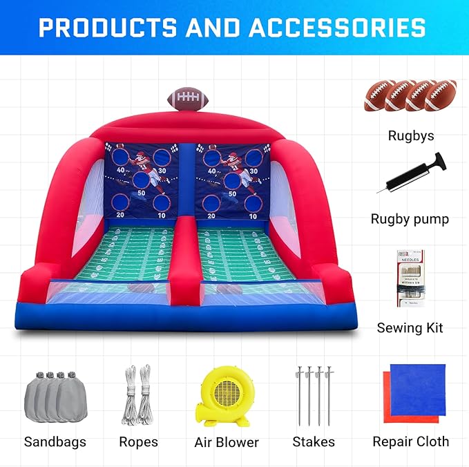 OZIS Inflatable Carnival Games with 4 Balls - Football Toss Throwing Target with Powerful Blower, Easy Setup for Indoor/Outdoor Commercial, Birthday Parties, and Lawn Interactive Game
