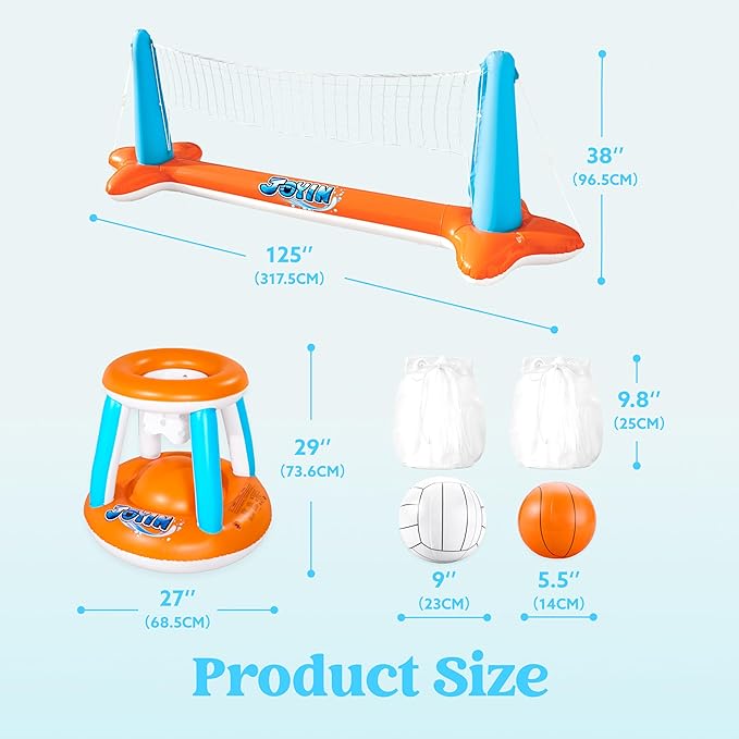JOYIN XL Inflatable Pool Float Set, 125'' Volleyball Net & Basketball Hoops, Extra Large Floating Swimming Game Toy for Kids and Adults, Summer Floaties, Volleyball Court|Basketball, XL-Orange