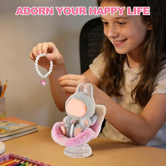 Cute Doll Car Seat for Labubu, Premium Car Seat Accessories for 4-7in Dolls, 360° Rotation, Including Air Vent Clip, Desktop Stand, Adjustable Strap, Airflow-Friendly Design(Colorful Pink)