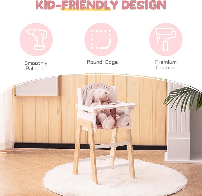 ROBUD Play High Chair, Pretend Play High Chair with Cushion, Movable Table, Wooden Baby Doll Accessories, Fits 18-20 Inch Dolls, White