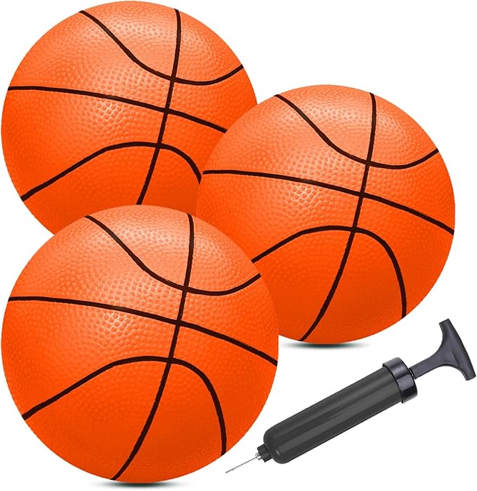 ABAJI Mini 3 Pack 5 inch Toy Basketballs Ball Pump Needle Rubber Material Mini Hoop Toddlers Kids Teenagers Swimming Pool Indoors Outdoors