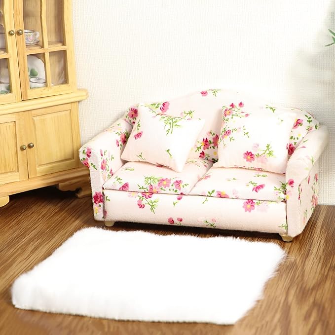 Dollhouse Couch Miniature Sofa with Pillows Dollhouse Living Room Funiture 1:12 Scale Model 3 Pcs High Simulation Upholstered Wooden Fabric Armchair Mini Room Artificial House Scene Decoration (Pink)
