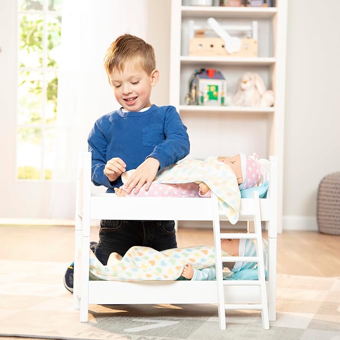 Melissa & Doug Mine to Love Wooden Play Bunk Bed for Dolls up to 18 inches-Stuffed Animals - White (2 Beds, 17.4”H x 9.1”W x 20.7”L Assembled and Stacked)