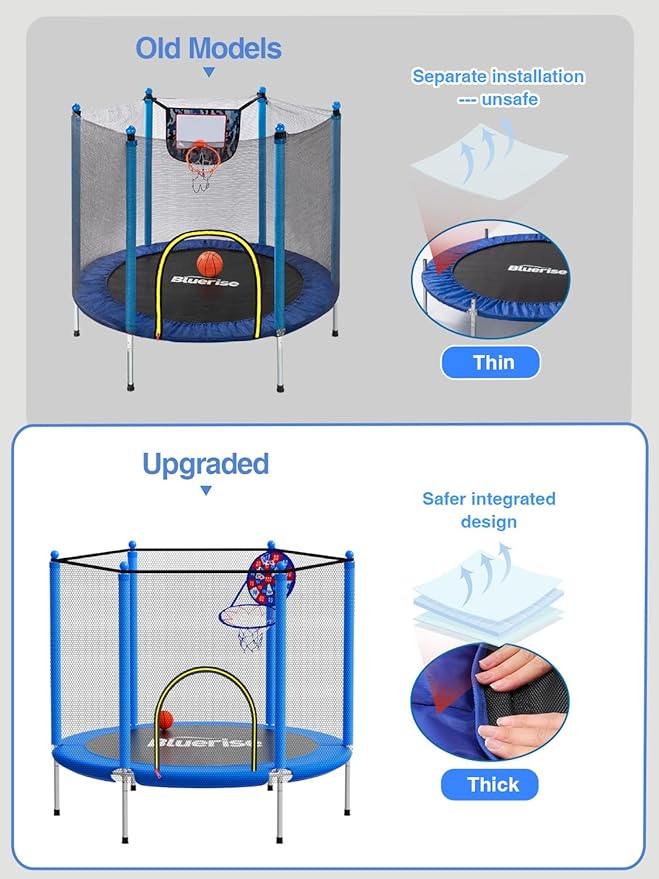 BLUERISE 55IN 6FT Toddler Trampoline for Kids Indoor Outdoor Play for Kids Trampoline Basketball Hoop Attachment with Enclosure Net Easy to Assemble