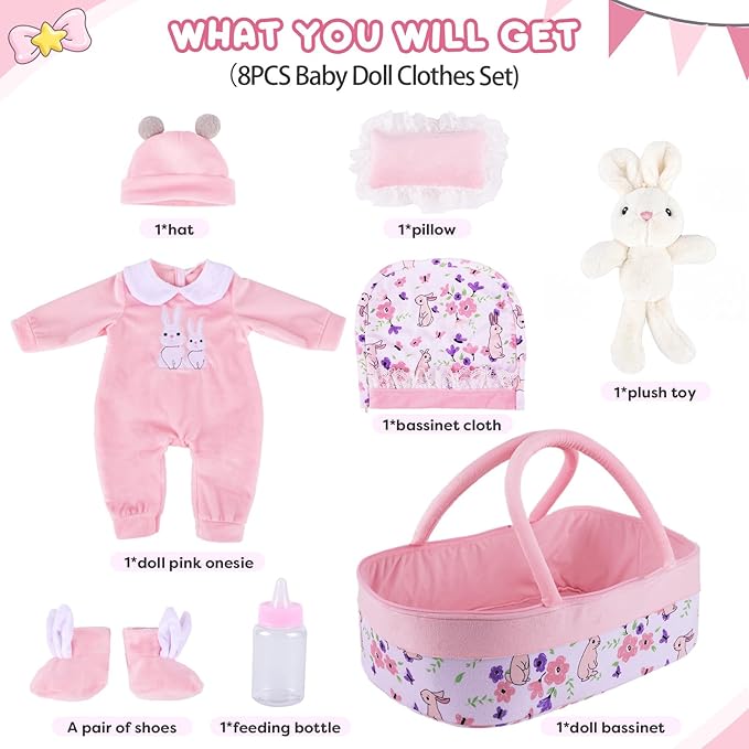 BABESIDE 8 Pcs Reborn Baby Doll Clothes with Bassinet for 17-22 Inch Baby Dolls, Baby Dolls Clothes Doll Accessories Set for Realistic Baby Dolls Girl (Not Doll)