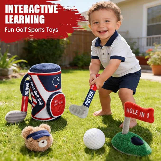 teytoy My First Baby Golf Bag Gift Set, 6 Pcs Baby Golf Toy Sensory Play Set with Plush Club, Ball, Bag, Bear, Fun Birthday Gift for Babies Infants Toddlers