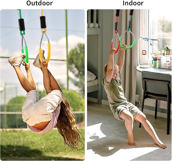 PELLOR Hanging Ninja Rings, Fitness Gymnastic Rings Backyard Playground Training Equipment Play Set for Kids Adult, Ninja Warrior Obstacle Course Accessories