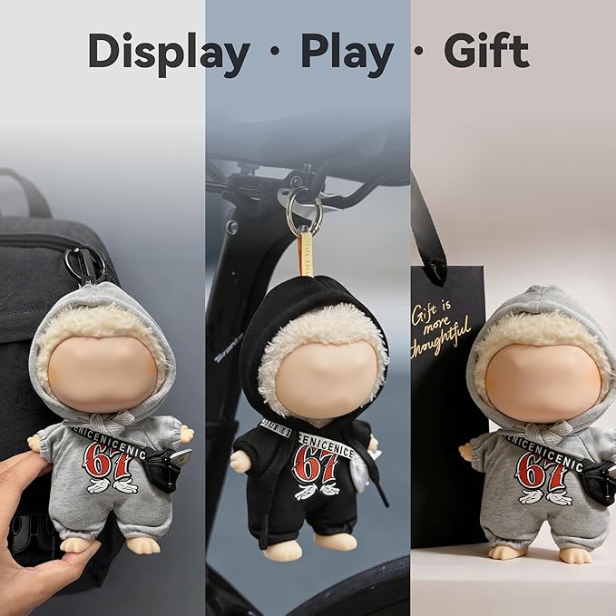 Street Style for LABUBU Clothes or LABUBU Outfits, 6-7 Graphic Hooded Romper with Fanny Pack,Streetwear Clothes for Collectible Dolls,Street Style Hoodie Outfit
