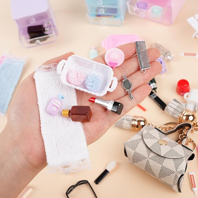 BeadRiver 77Pcs Dollhouse Bathroom Accessories Set - Miniature Makeup & Toiletries with Storage Cases, Handbag, Hair Dryer - 1:12 Scale Doll House Decor for Girls