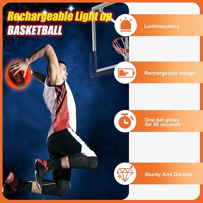 Rechargeable Glow in the Dark Basketball - USB Charging, Water-Resistant, Size 7, Impact Activated, Includes Pump & Charging Cable - Rechargeable Light Up Basketball (Star, Battery Version)