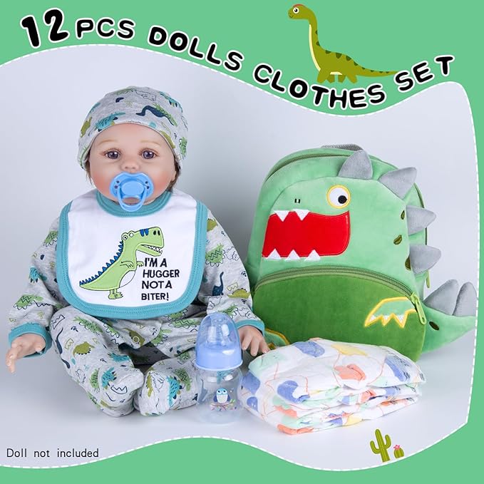 12 Pcs Reborn Baby Doll Clothes Accessories for 17-22 Inch Toddler Doll Boy Dinosaur Outfits with Backpack Diapers Reborn Baby Accessories Green Babydoll Clothes