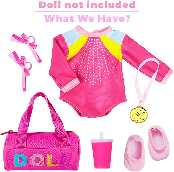 K.T. Fancy 18 Inch Doll Gymnastics Clothes Set - Pink Leotard, Shoes, Gym Bag, Olympic Medal, Water Bottle & Hair Accessories for Play （Doll Not Included）