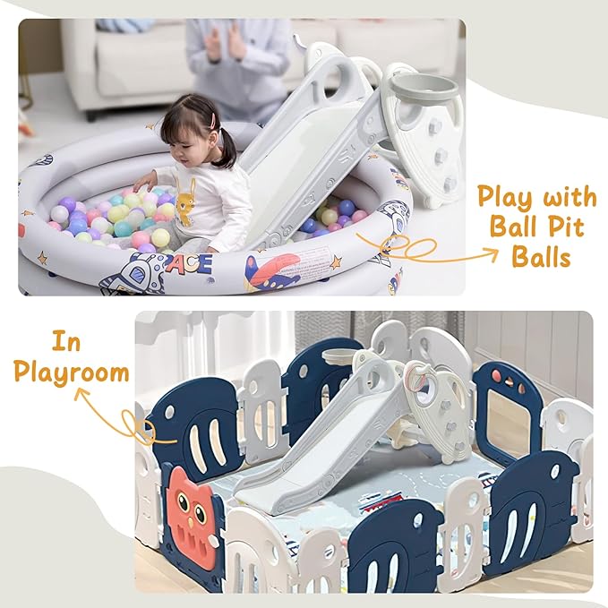 Onasti Kids Slide for Toddlers Age 1-3 Indoor Baby Plastic Slide Outdoor Climber Freestanding Playset with Basketball Hoop & Ring Game Grey
