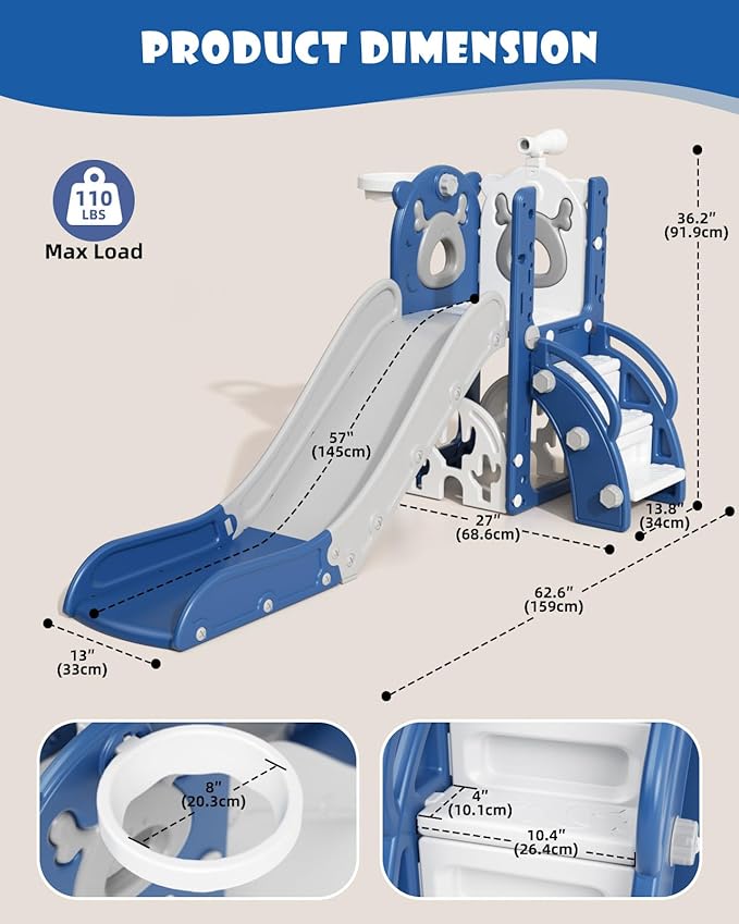 XJD 7 in 1 Toddler Slide, Kids Indoor Slide for Toddlers 12 to 36 Months, New Upgrade with Golf, Basketball Hoop for Indoor Outdoor Playset, Birthday Gifts for Toddler (Blue Gley)