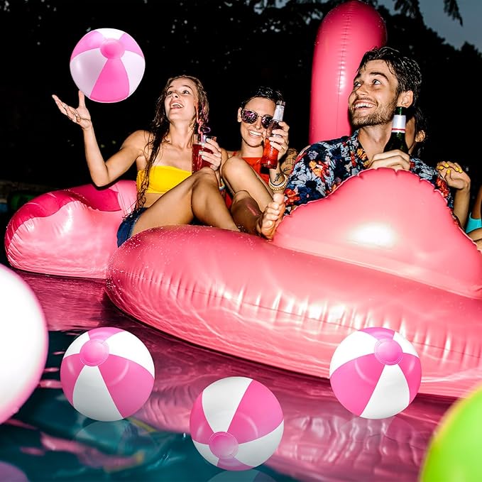24 Pack 12 Inch Pink and White Inflatable Beach Balls Bulk PVC Beach Balls Blow up Water Games Toys for Kids Summer Swimming Pool Party Favors Hawaiian Tropical Theme Party Supplies