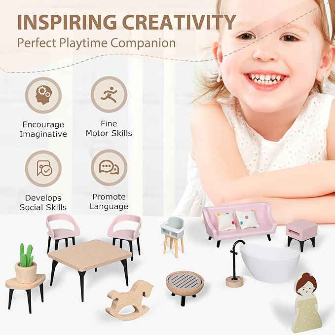 Pithfor Wooden Dollhouse Furniture Set, Dollhouse Accessories and Furniture, with 7 Rooms 3 Dolls, Includes Patio Set & Dog Set, Doll House Furniture Toys Gift for Kids Boys Girls