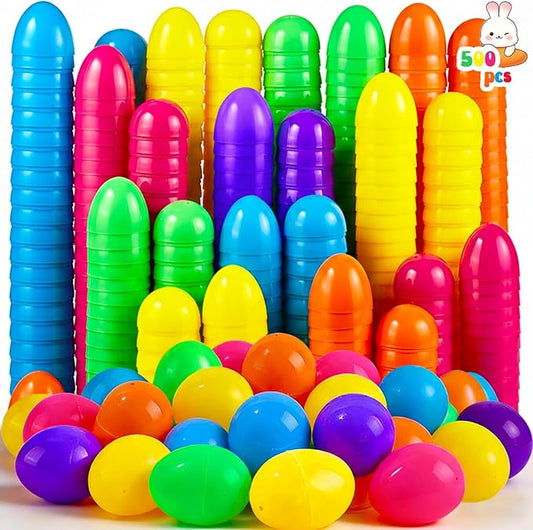UMEELR 500 PCS Plastic Eggs Bulk, 2.4 Inch Easter Eggs Empty, 6 Bright Colors Fillable Easter Hunt Party Favor Basket Stuffers Fillers Filling Treats