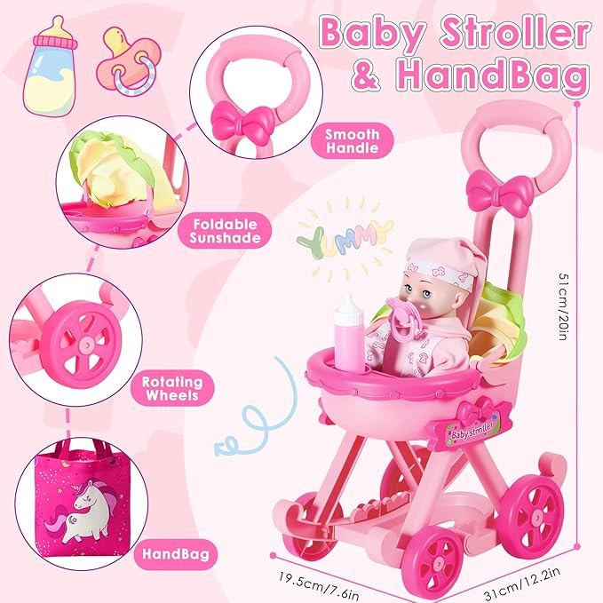 HUITEM Baby Doll Stroller Toys Set, 17 PCS Baby Doll Accessories Stroller Toys with Baby Dolls,2 Sets Doll Clothes, Playpen, Handbag, Feeding Nursery Pretend Play Gifts for Girls Toddlers 3 4 5