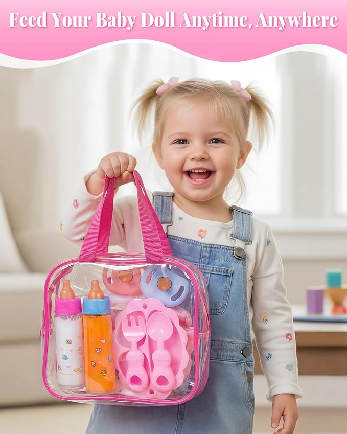BABESIDE Baby Doll Accessories,10 Pieces Baby Doll Diaper Bag Set with Magic Bottles, Pacifiers, Doll Diaper & Pretend Play Feeding Set for Dolls, Ideal Gift for Kids Age 3+