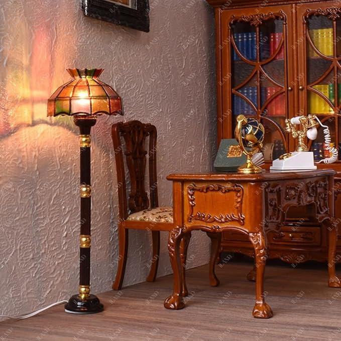 iLAND 1/12 Scale Accessories of Dollhouse Lights, Classic Miniature Lamp w/Plug for Dollhouse Decoration, Mosaic Lattice Floor Lamp w/Plug