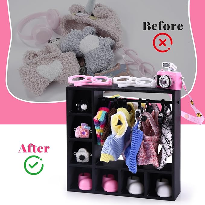 BABESIDE Doll Clothes Closet, Doll Clothes Storage with 2 Wardrobes & 20 Hangers, Doll Accessories Closet Set for 15/17 cm Dolls, Doll Closet Organizer Display (Pink & Black)