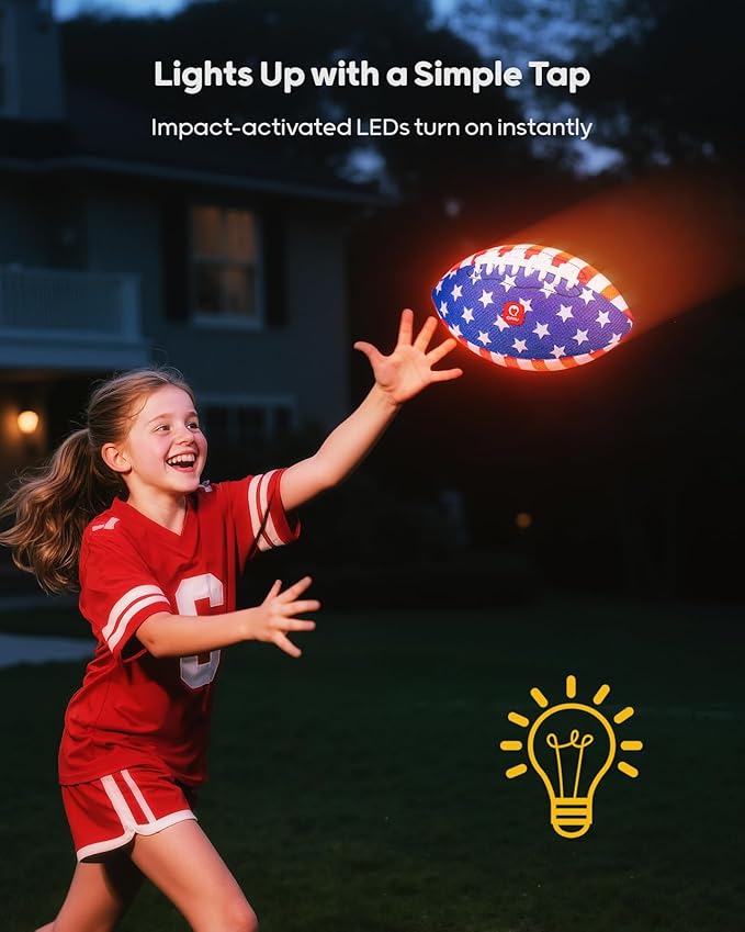 QPAU 9" Glow in The Dark Football (Size 3, 2 Packs), Light Up Youth Football with Pump & Batteries, Outdoor Toys & Games for Boys Girls, Birthday Gifts for Kids and Teens