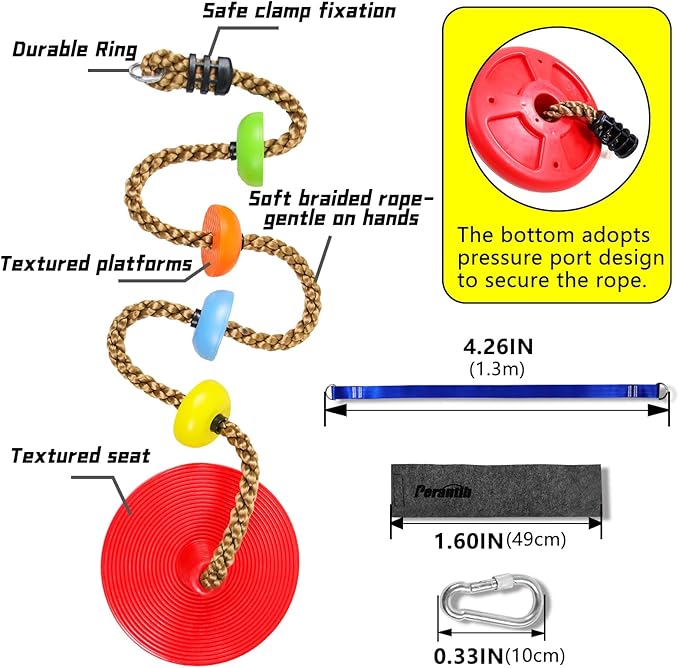 Tree Swing Climbing Rope 2 Pack Multicolor with Platforms Red Disc Swings Seat - Outdoor Playground Set Accessories Tree House Flying Saucer Outside Toys - Bonus Carabiner and 4 Feet Strap