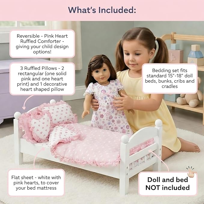 Emily Rose 18" Doll Pink Heart Valentines Bedding Set – 5 Pc Doll Bed Bedding & Bedroom Accessories with Comforter, Pillows & Matress Covering Flat – Fits American Girl, Bunk Beds, Cribs